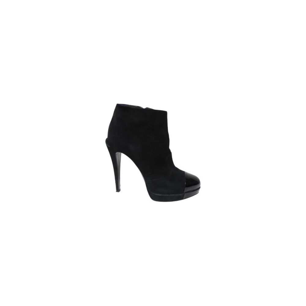 Chanel Patent Leather Cap Toe Platform Ankle Boots in Black Suede